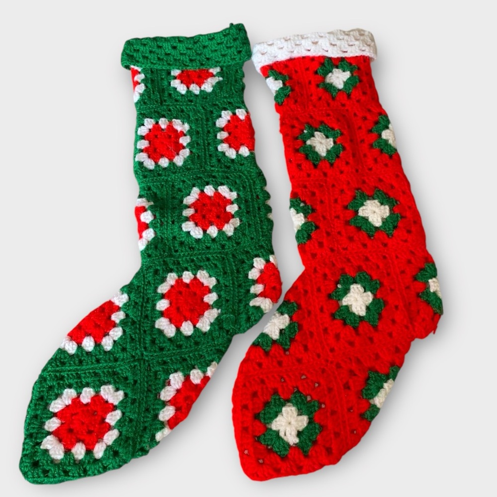 Handcrafted Knitted Granny Square Red Green & White Christmas Stockings Large